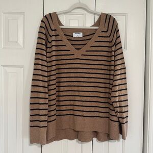 Old Navy Tan and Black Striped V-Neck Sweater